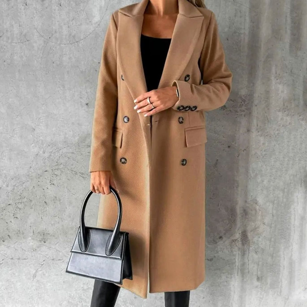 Women's Double-Breasted Wool Long Winter Coat Notched Lapel - Khaki