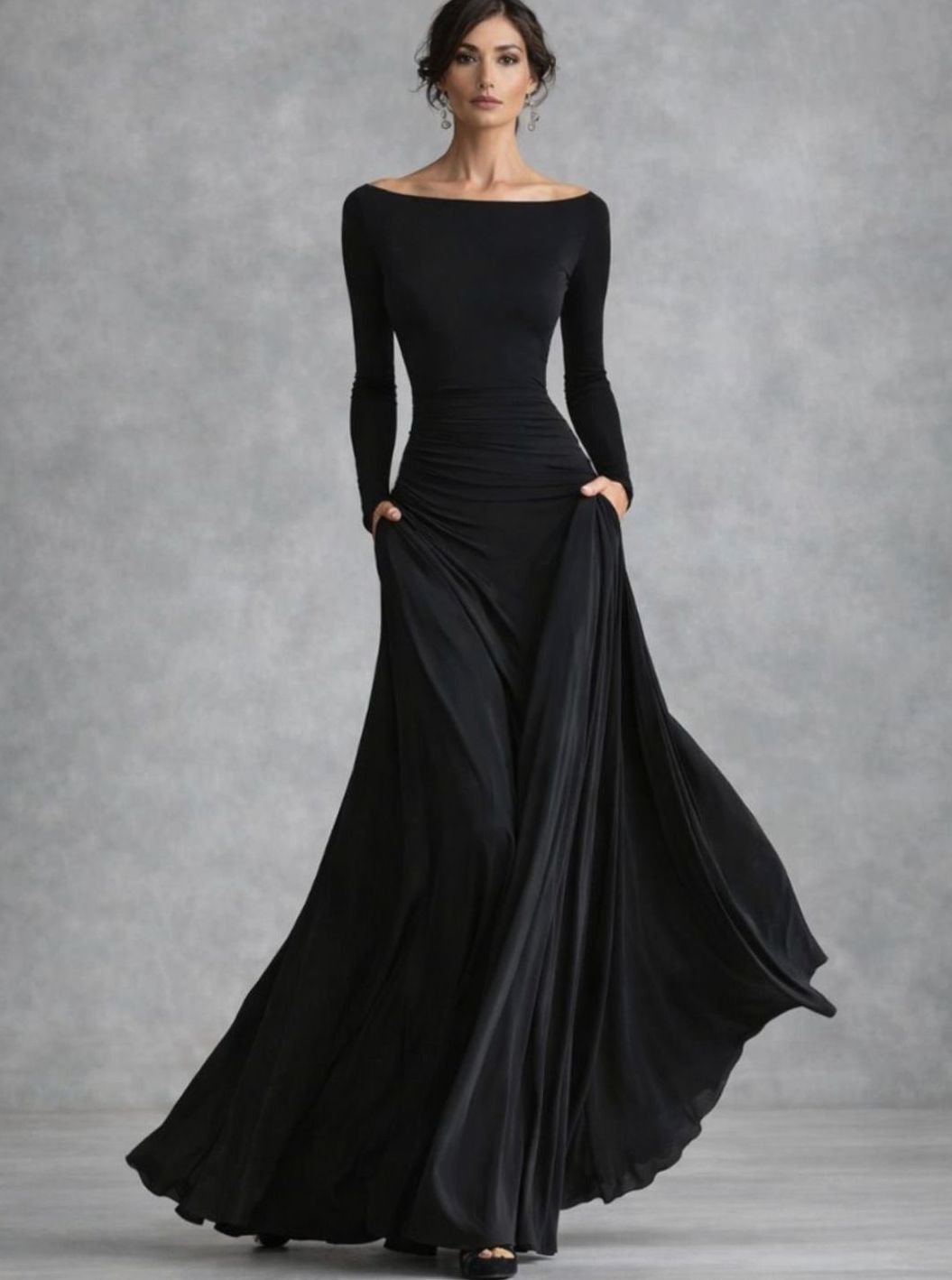 Women's Draped Boat-Neck Long-Sleeve Flowing Maxi Dress