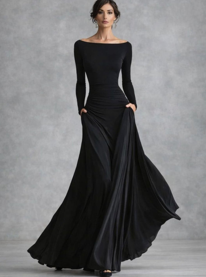 Women's Draped Boat-Neck Long-Sleeve Flowing Maxi Dress