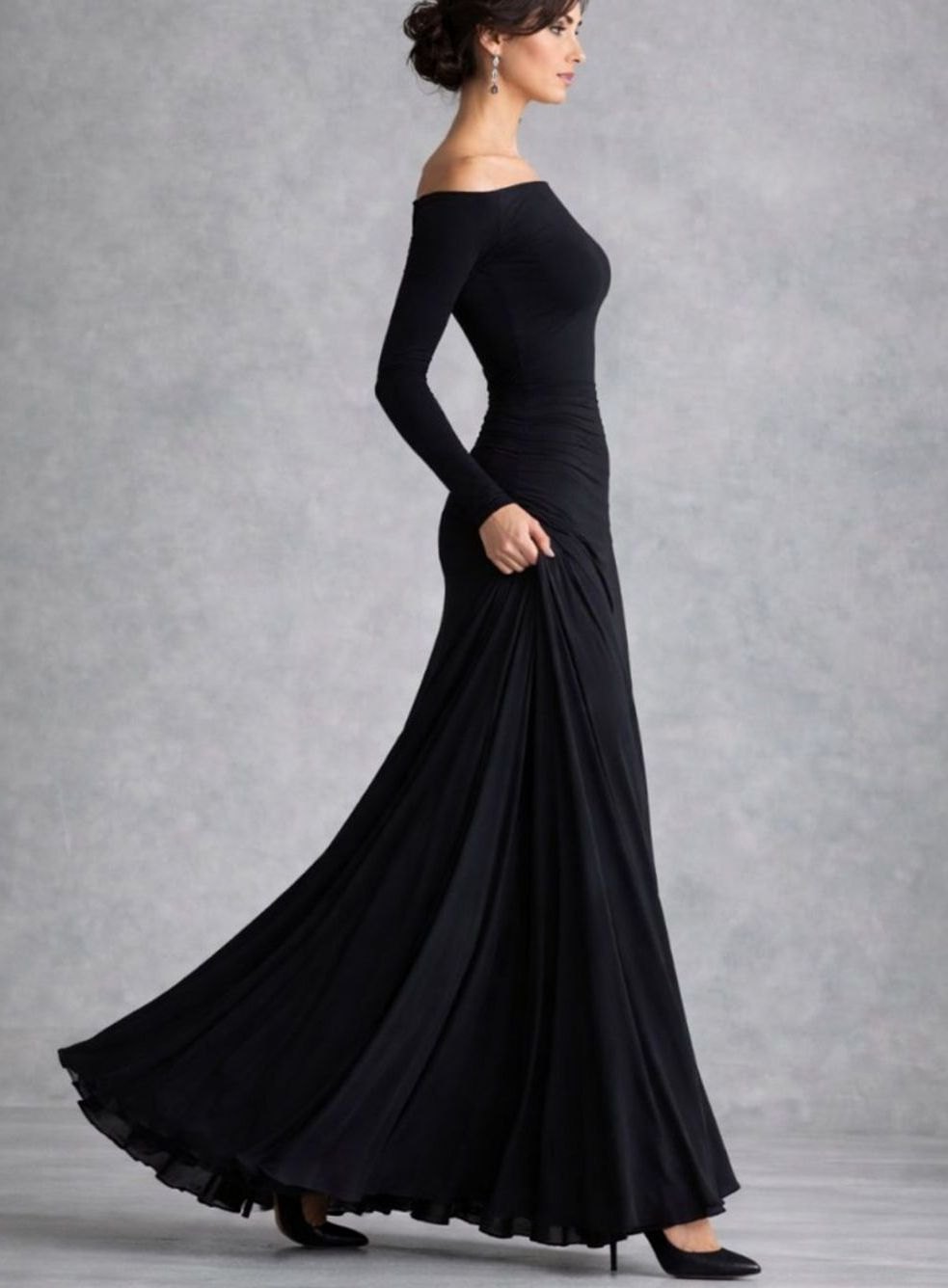 Women's Draped Boat-Neck Long-Sleeve Flowing Maxi Dress