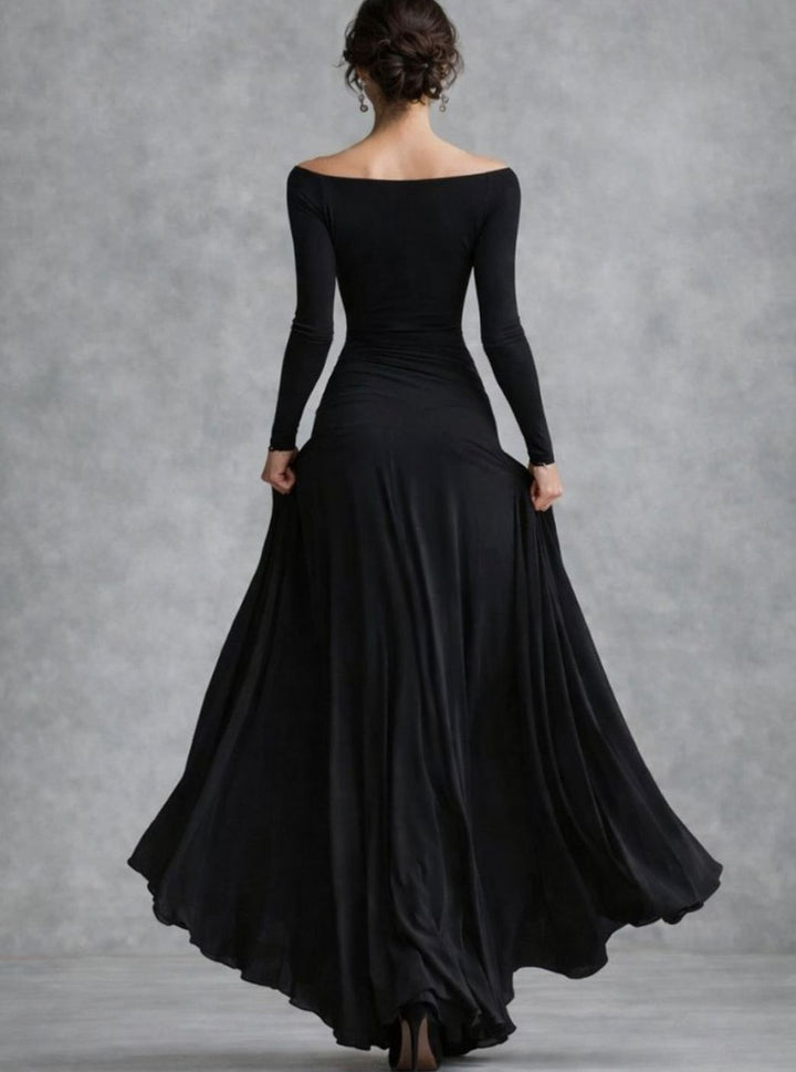 Women's Draped Boat-Neck Long-Sleeve Flowing Maxi Dress