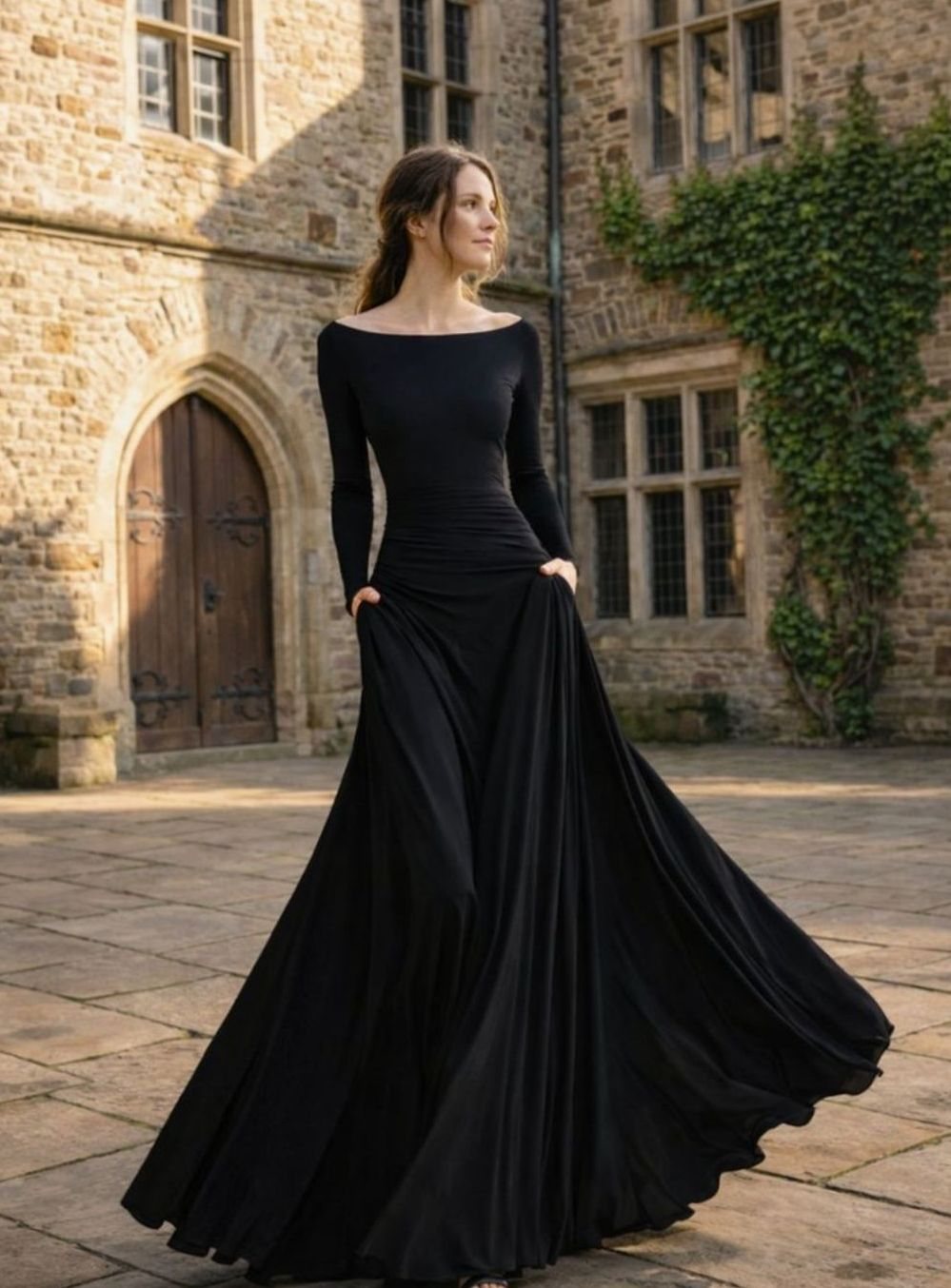 Women's Draped Boat-Neck Long-Sleeve Flowing Maxi Dress