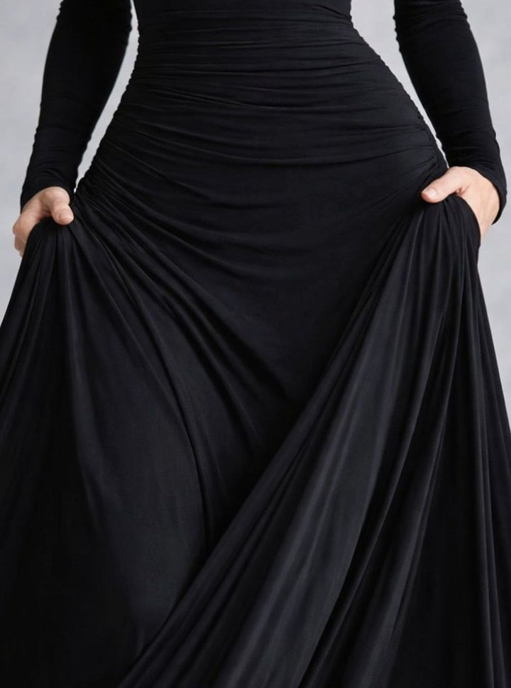 Women's Draped Boat-Neck Long-Sleeve Flowing Maxi Dress