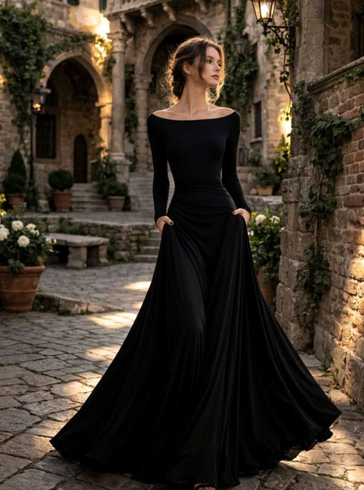 Women's Draped Boat-Neck Long-Sleeve Flowing Maxi Dress