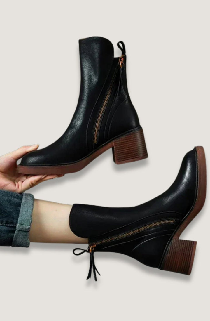 Women's Elegant Black Ankle Boots Block Heel Side Zip II