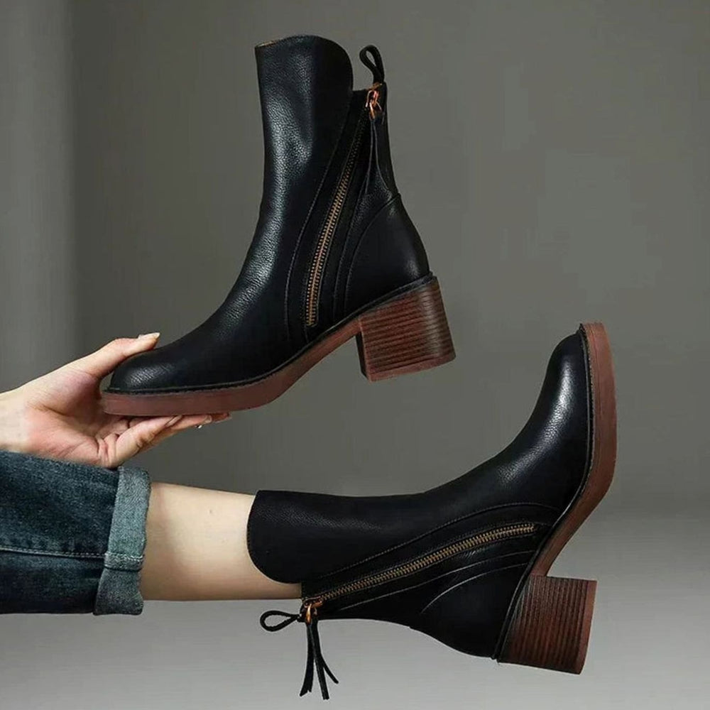 Women's Elegant Black Ankle Boots Block Heel Side Zip II - Black