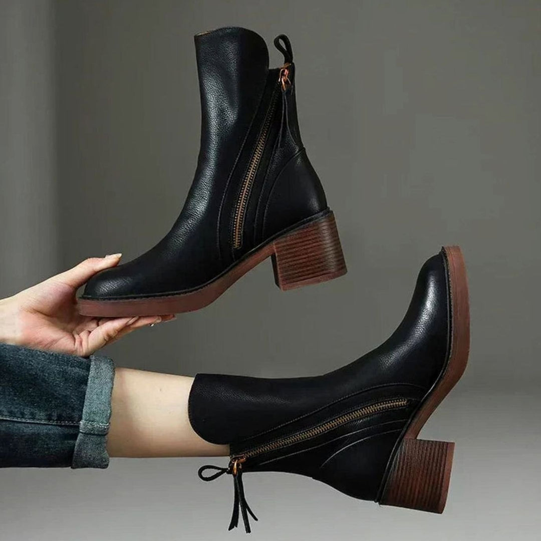 Women's Elegant Black Ankle Boots Block Heel Side Zip II - Black