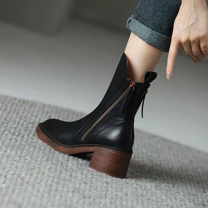 Women's Elegant Black Ankle Boots Block Heel Side Zip II