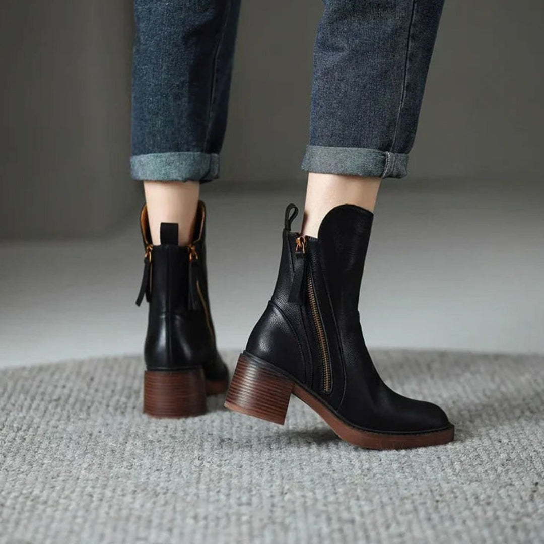 Women's Elegant Black Ankle Boots Block Heel Side Zip II