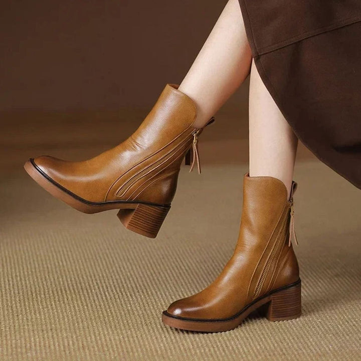 Women's Elegant Black Ankle Boots Block Heel Side Zip II - Brown