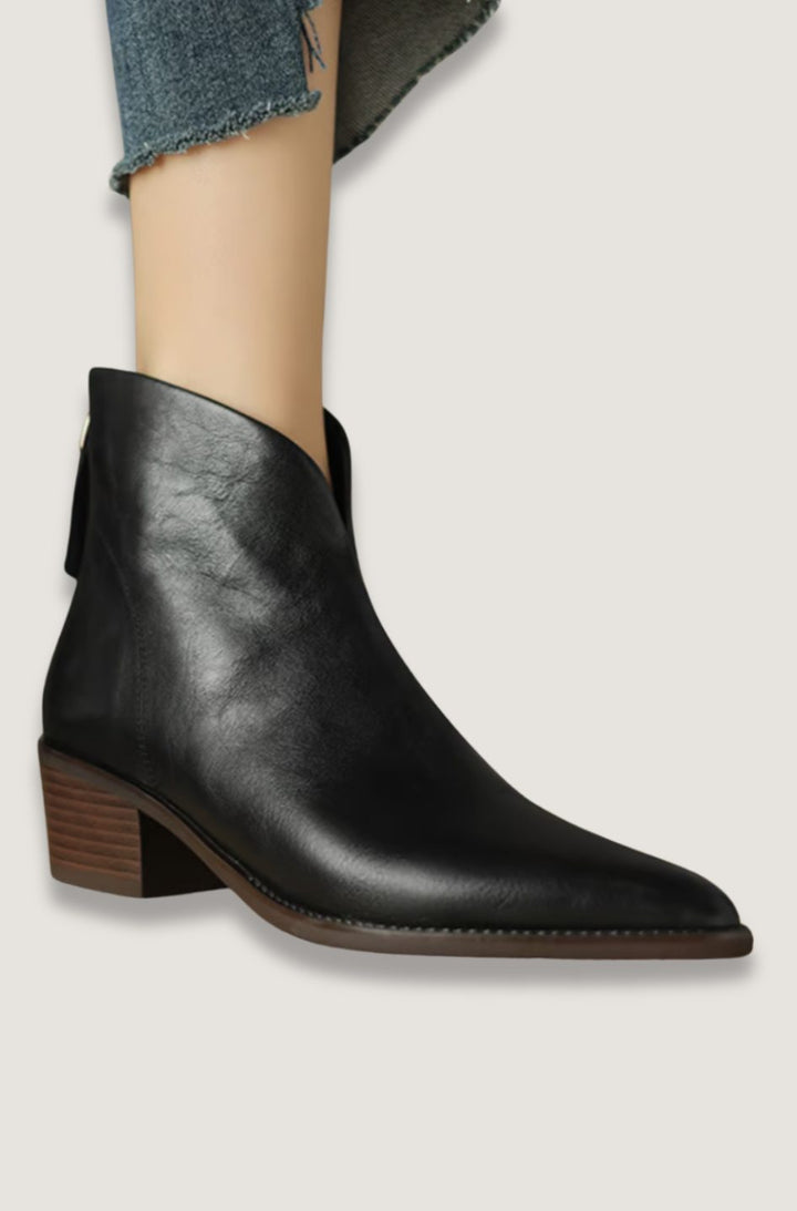 Women's Elegant Black Leather Ankle Boots Block Heel