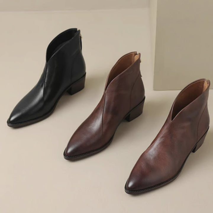 Women's Elegant Black Leather Ankle Boots Block Heel