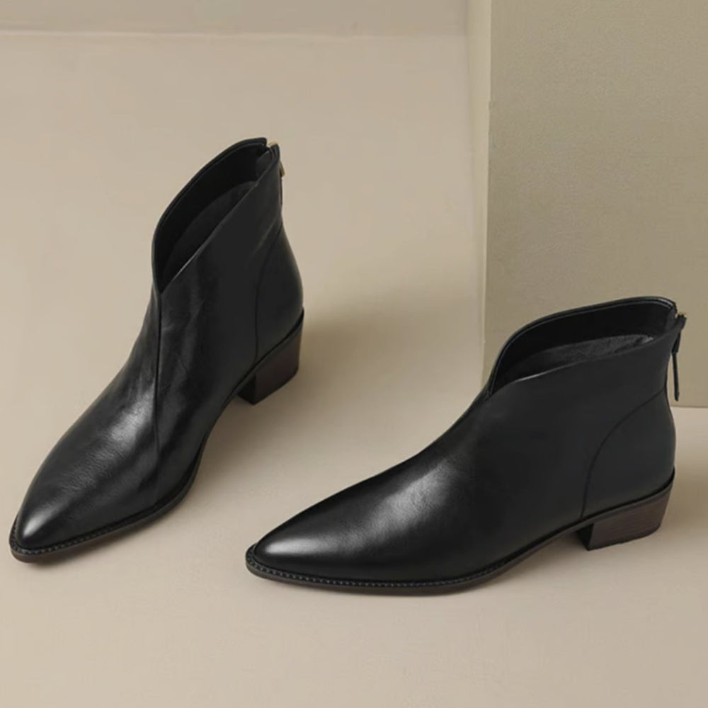 Women's Elegant Black Leather Ankle Boots Block Heel