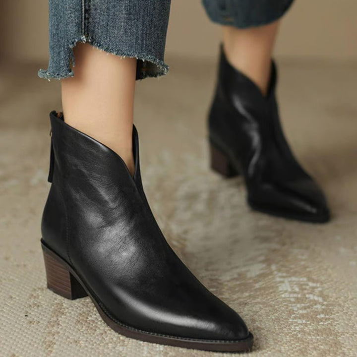 Women's Elegant Black Leather Ankle Boots Block Heel - Black
