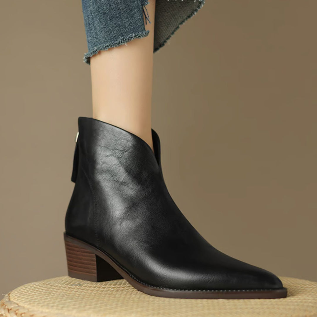 Women's Elegant Black Leather Ankle Boots Block Heel