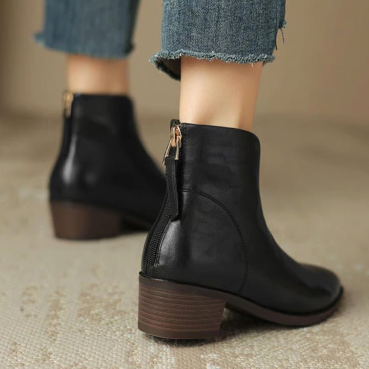Women's Elegant Black Leather Ankle Boots Block Heel