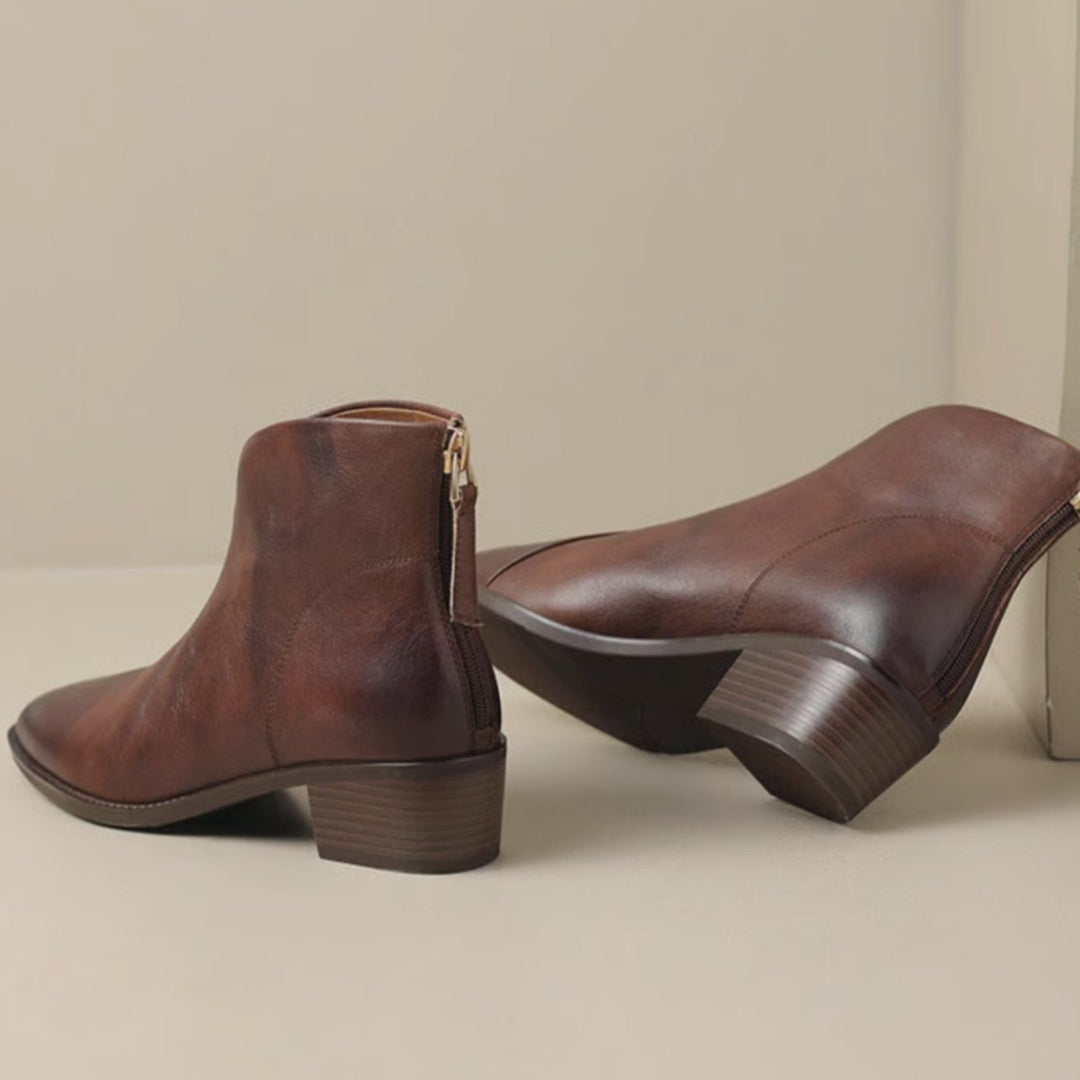 Women's Elegant Black Leather Ankle Boots Block Heel