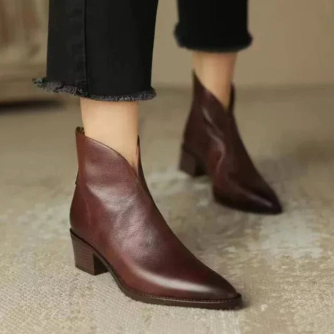 Women's Elegant Black Leather Ankle Boots Block Heel - Brown