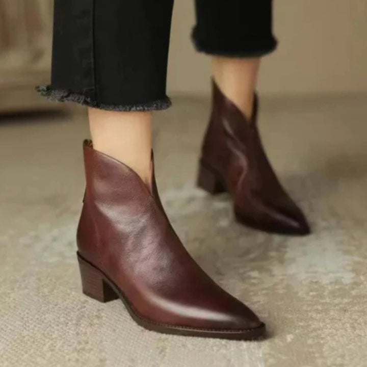 Women's Elegant Black Leather Ankle Boots Block Heel - Brown