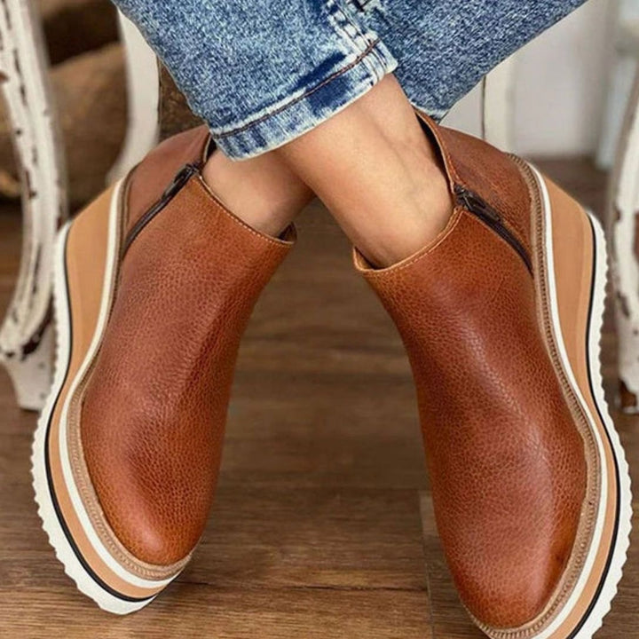 Women's Elegant Black Platform Ankle Boots Slip-On - Dark Brown