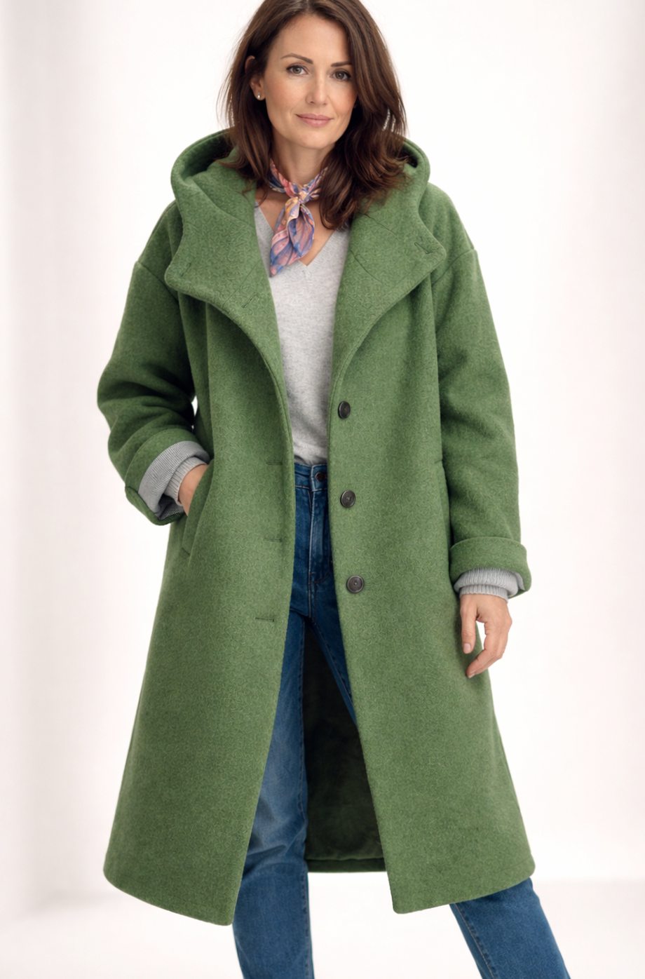 Women's Elegant Hooded Long Winter Wool Coat - Green