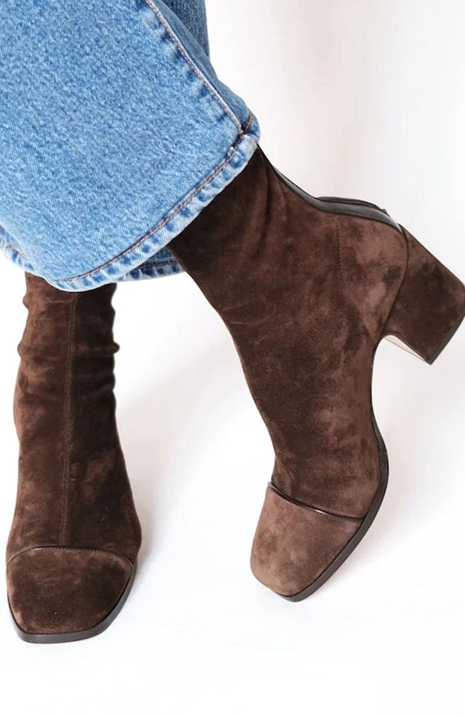 Women's Elegant Suede Block-Heel Square-Toe Mid-Calf Boots - Dark Brown