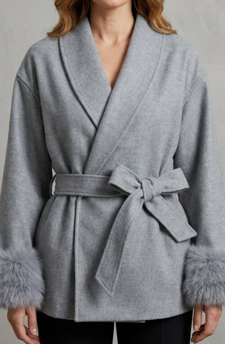 Women's Elegant Wool Coat Faux Fur Cuff Belted Wrap Jacket - Grey