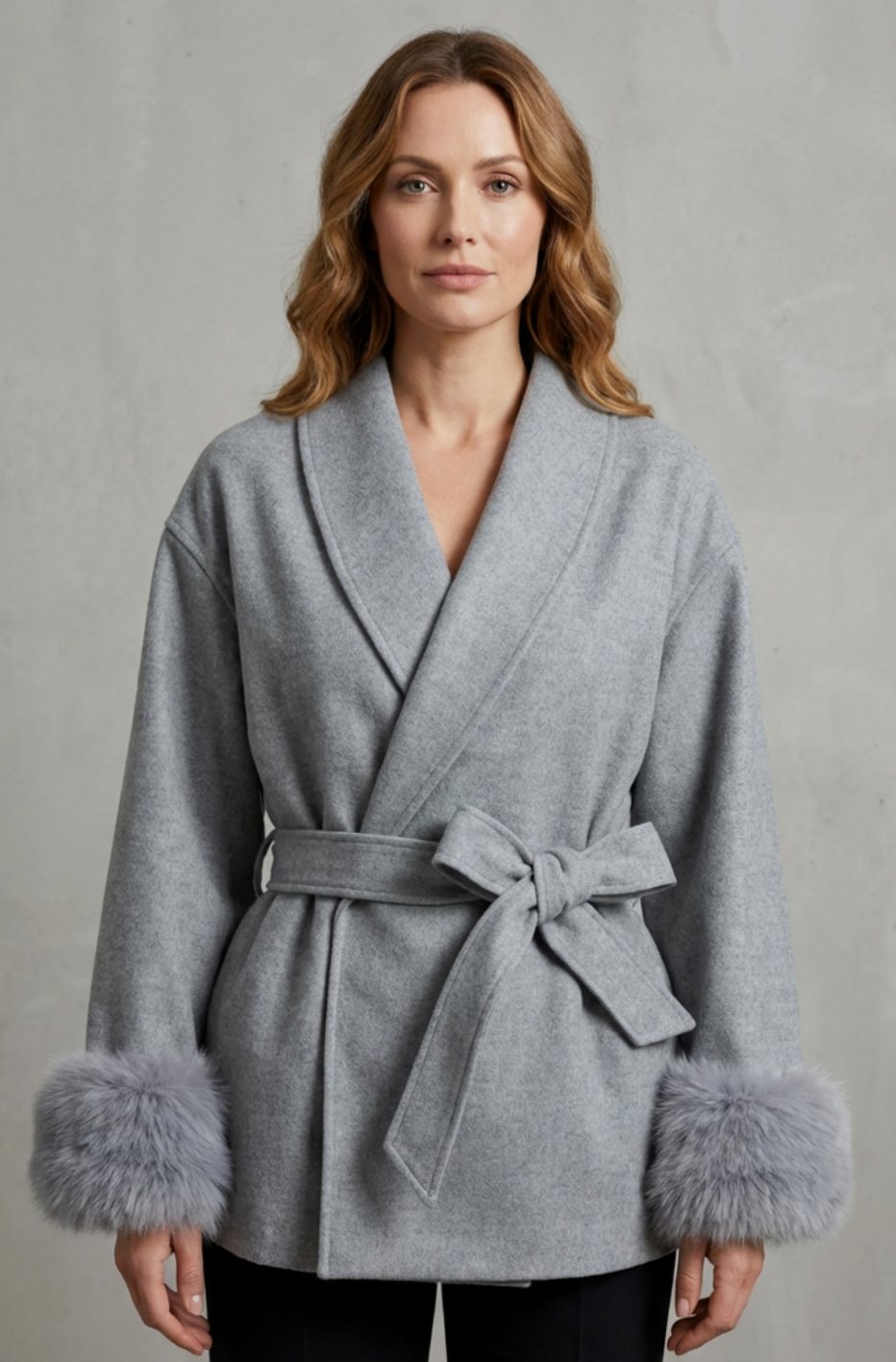 Women's Elegant Wool Coat Faux Fur Cuff Belted Wrap Jacket