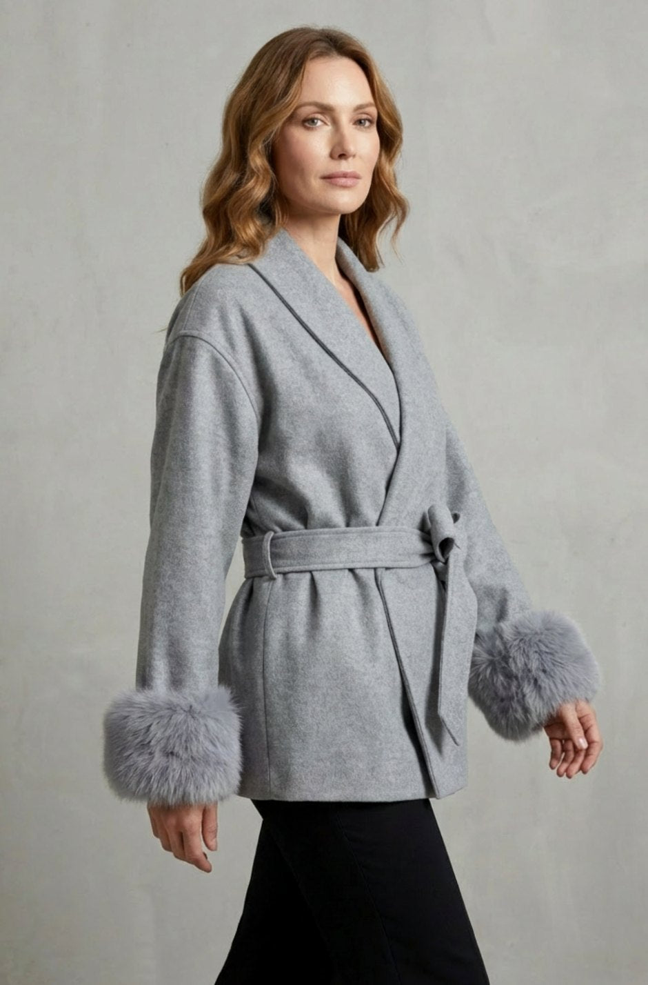 Women's Elegant Wool Coat Faux Fur Cuff Belted Wrap Jacket