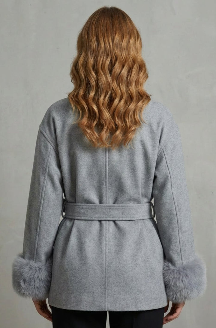 Women's Elegant Wool Coat Faux Fur Cuff Belted Wrap Jacket