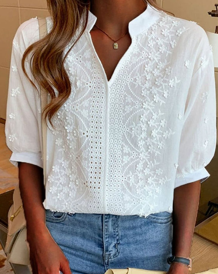 Women's Embroidered Eyelet Puff-Sleeve V-Neck Blouse