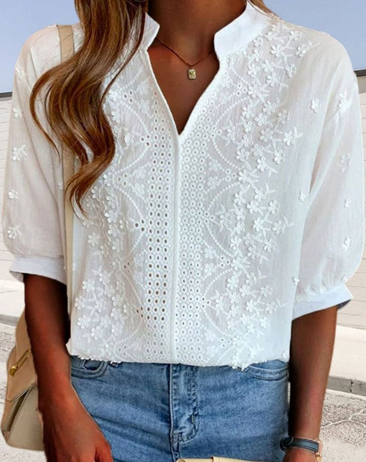 Women's Embroidered Eyelet Puff-Sleeve V-Neck Blouse