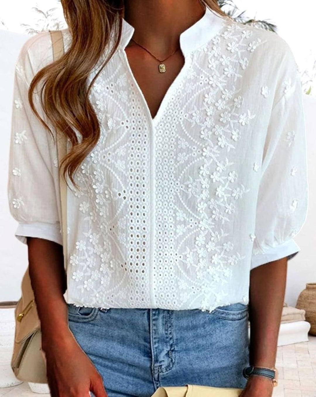Women's Embroidered Eyelet Puff-Sleeve V-Neck Blouse