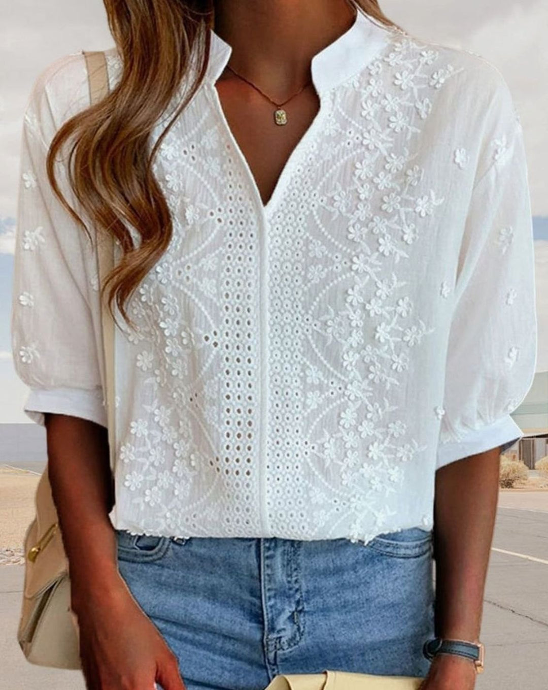 Women's Embroidered Eyelet Puff-Sleeve V-Neck Blouse
