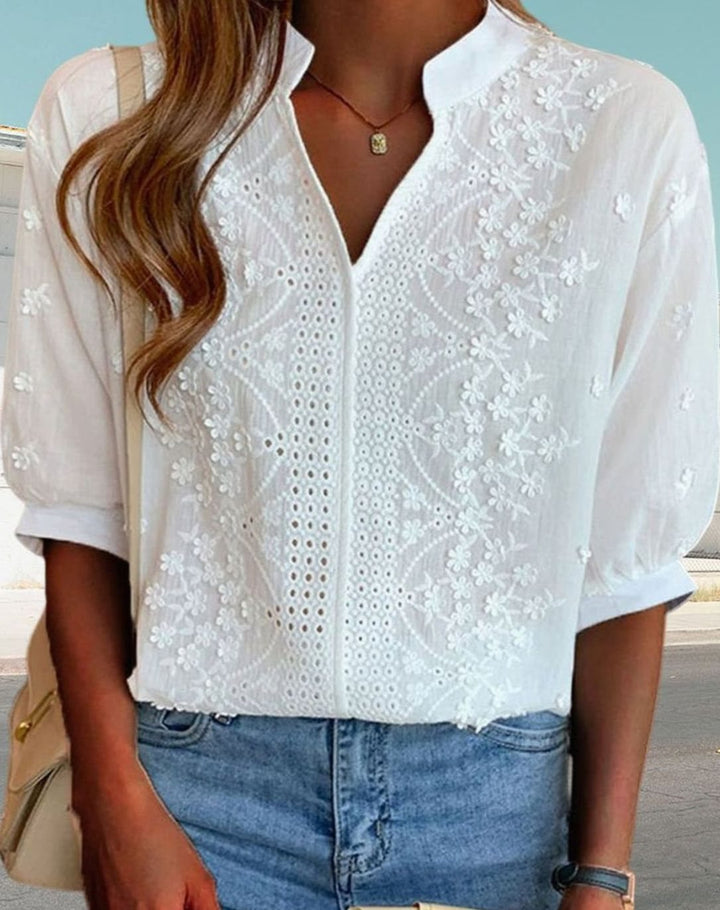 Women's Embroidered Eyelet Puff-Sleeve V-Neck Blouse