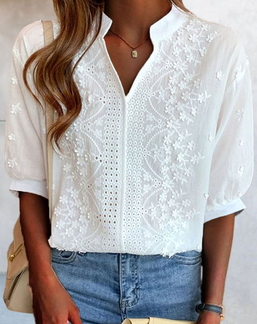 Women's Embroidered Eyelet Puff-Sleeve V-Neck Blouse