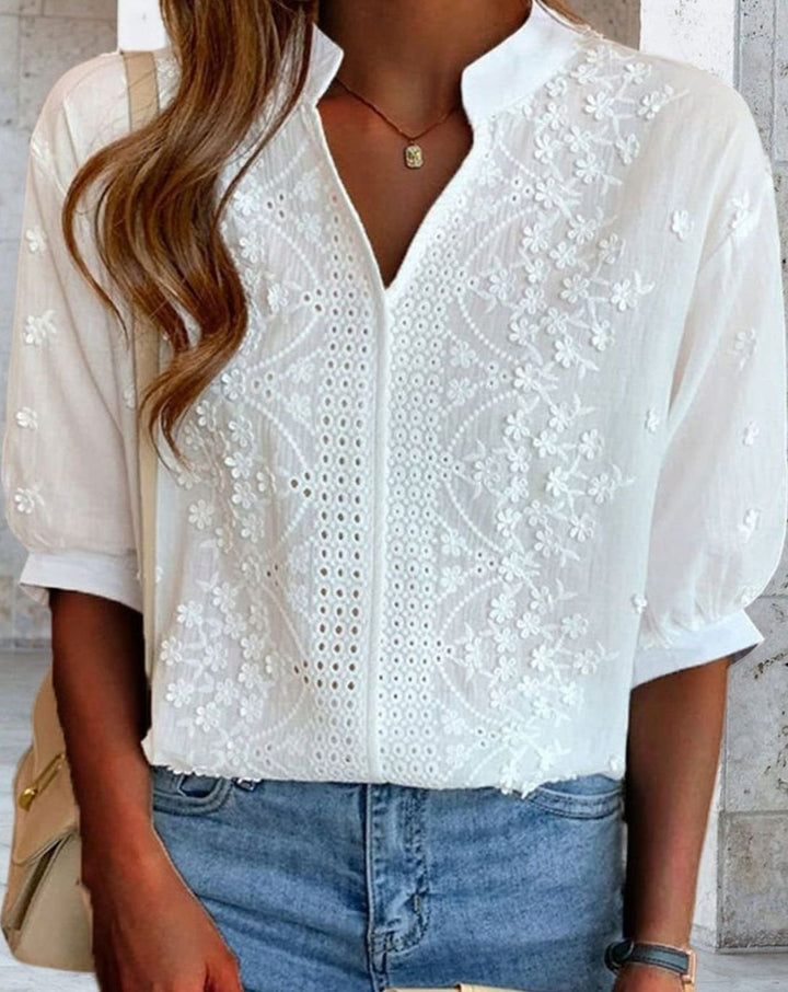Women's Embroidered Eyelet Puff-Sleeve V-Neck Blouse
