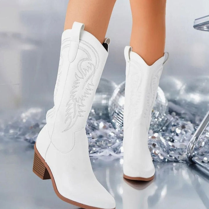 Women's Embroidered Knee-High Block-Heel Cowboy Boots - White
