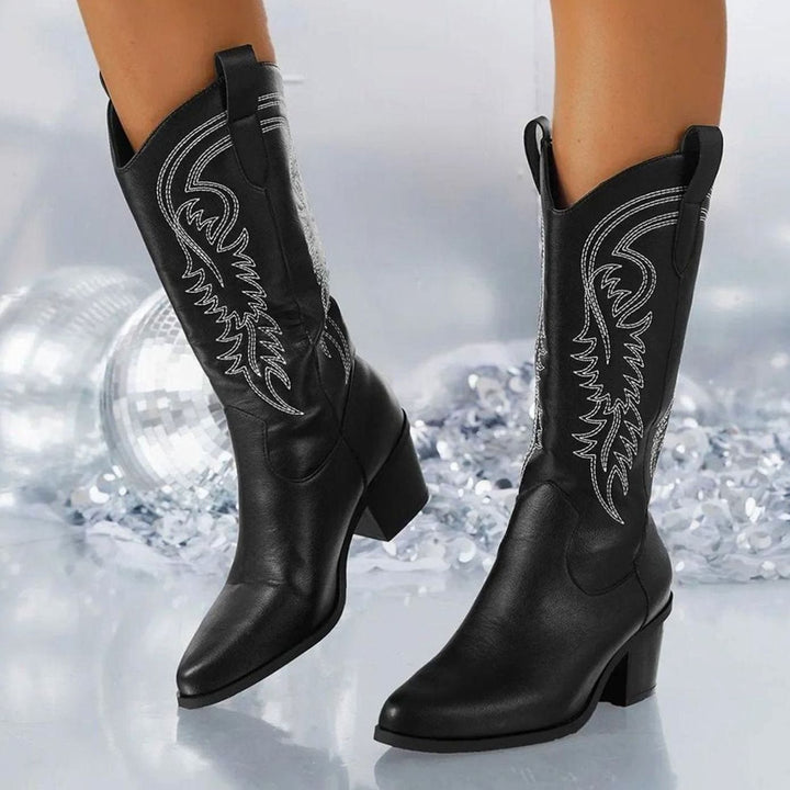 Women's Embroidered Knee-High Block-Heel Cowboy Boots - Black