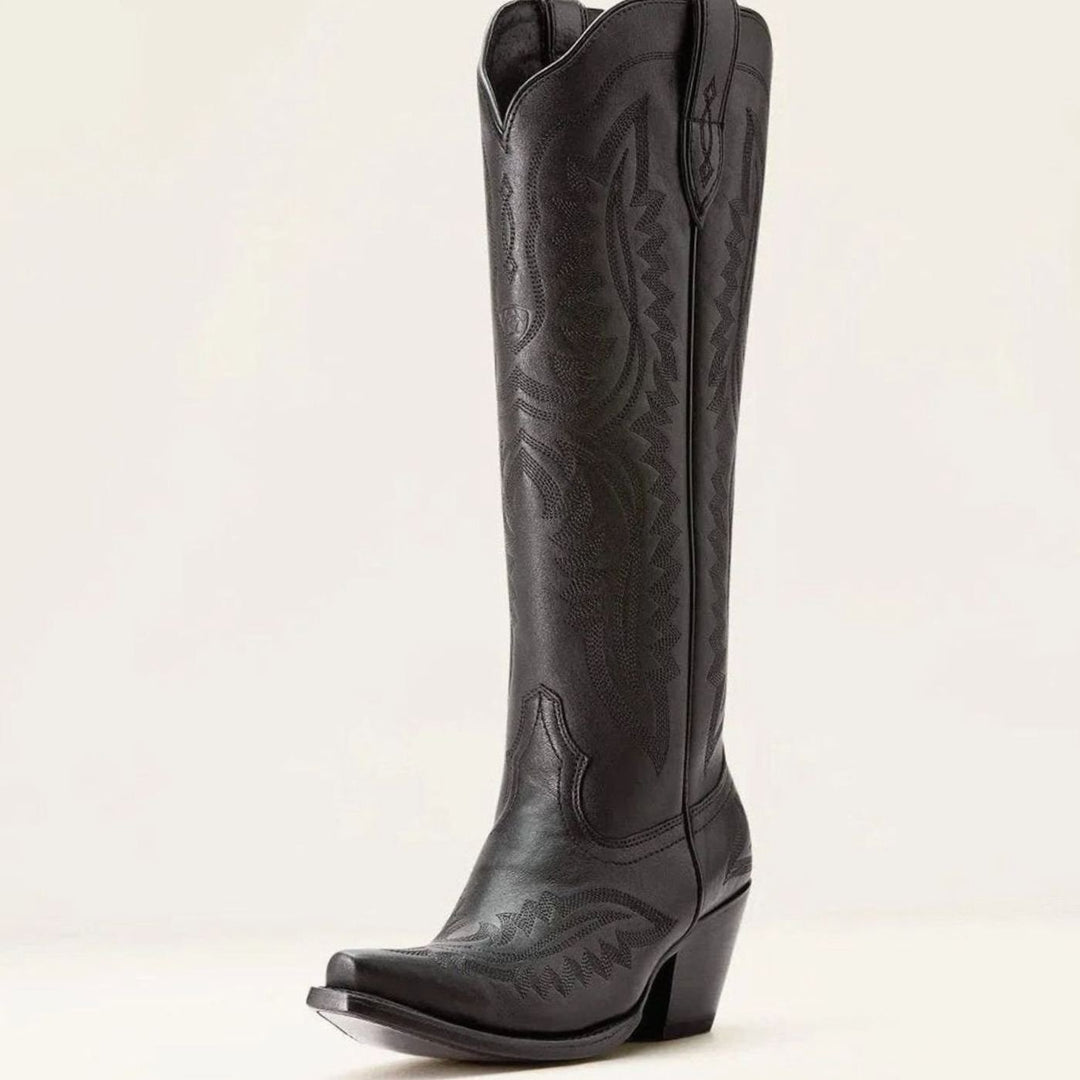 Women's Embroidered Knee-High Heeled Cowboy Boots Pointed Toe