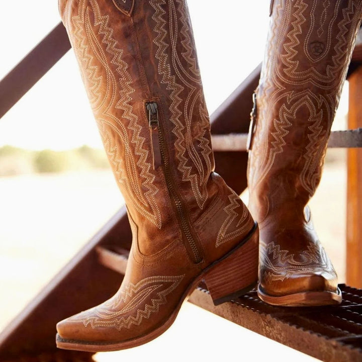 Women's Embroidered Knee-High Heeled Cowboy Boots Pointed Toe