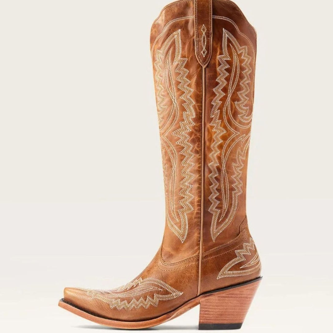 Women's Embroidered Knee-High Heeled Cowboy Boots Pointed Toe