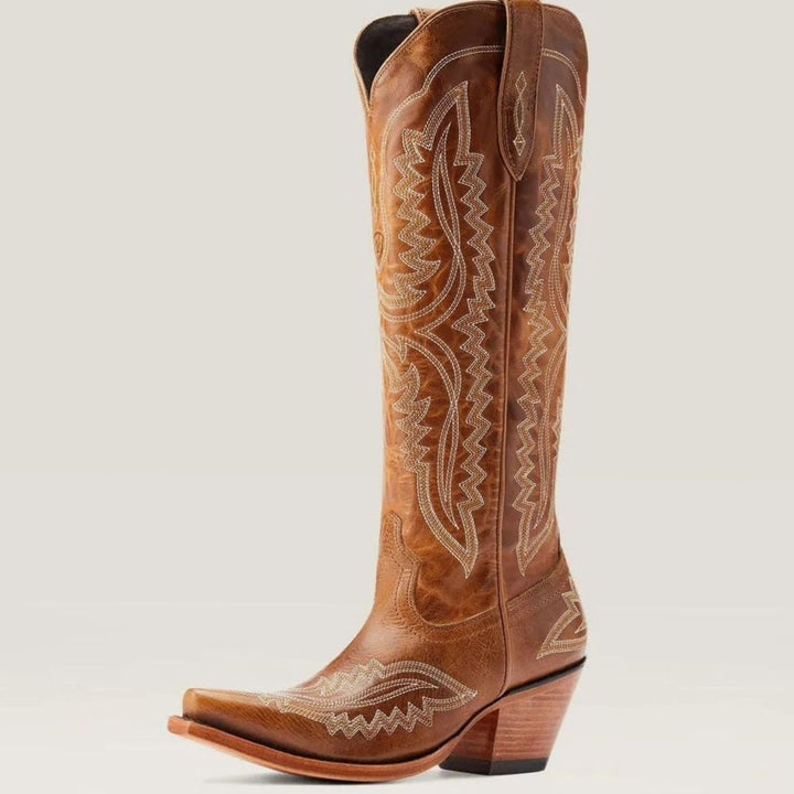 Women's Embroidered Knee-High Heeled Cowboy Boots Pointed Toe