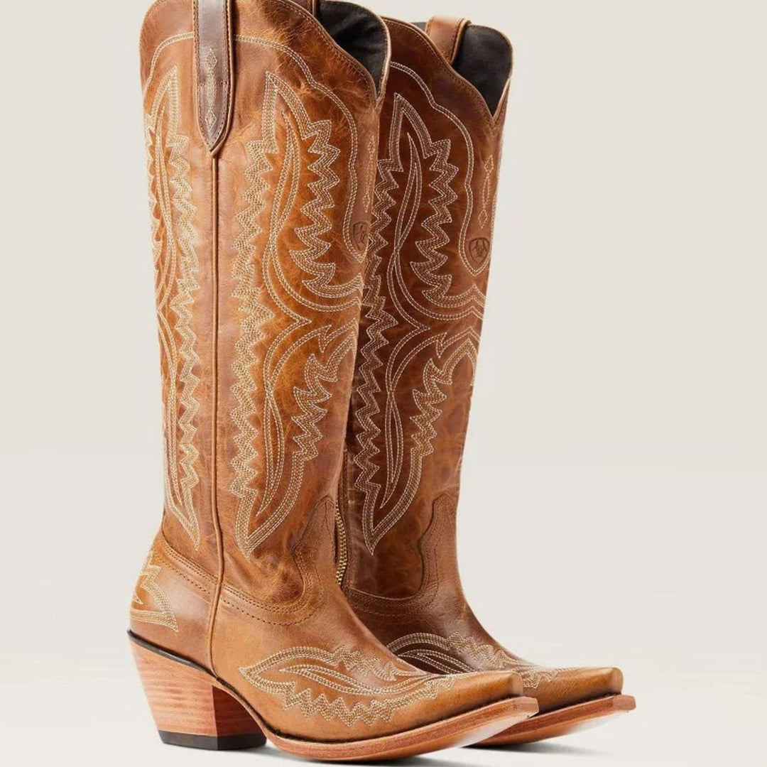Women's Embroidered Knee-High Heeled Cowboy Boots Pointed Toe