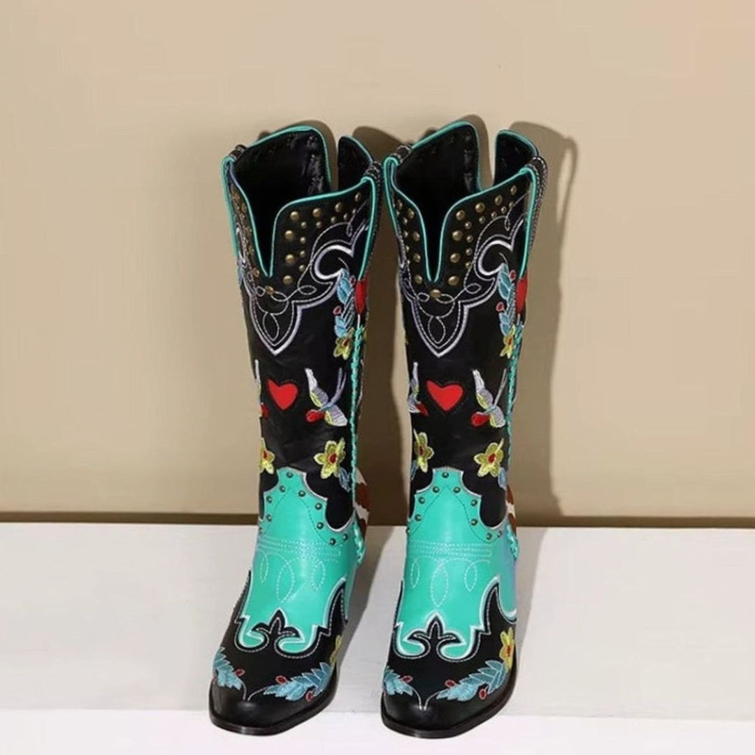 Women's Embroidered Knee-High Western Block-Heel Cowboy Boots