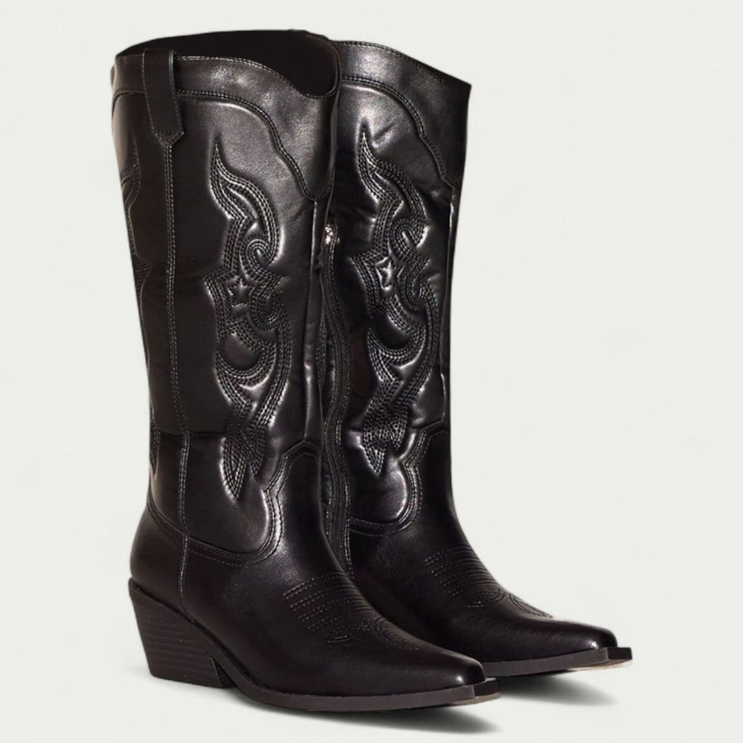 Women's Embroidered Pointed-Toe Western Cowboy Knee-High Boots - Black