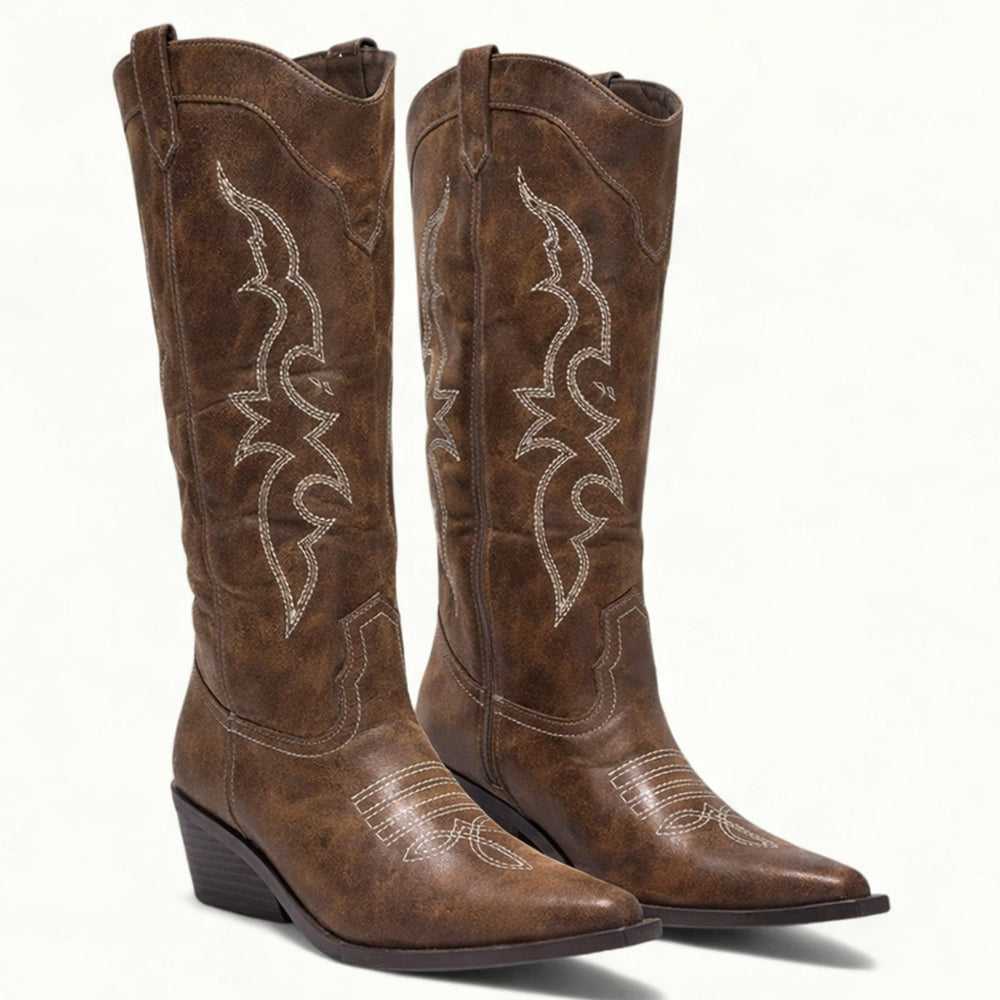 Women's Embroidered Pointed-Toe Western Cowboy Knee-High Boots - Brown