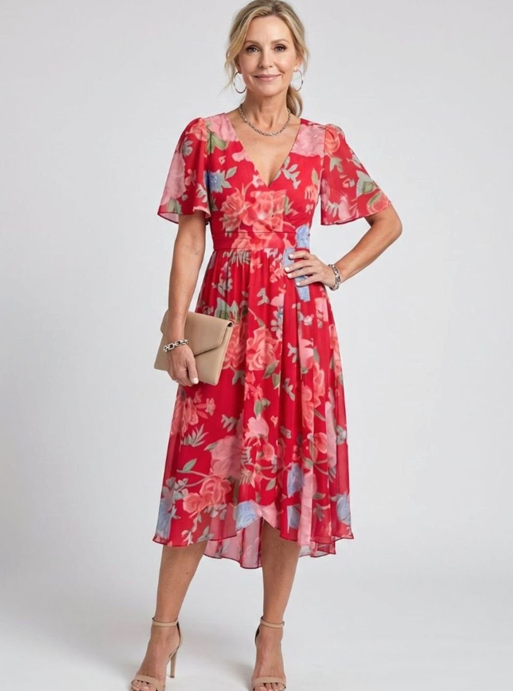 Women's Everyday Floral Flutter Sleeve V-Neck Chiffon Midi Dress