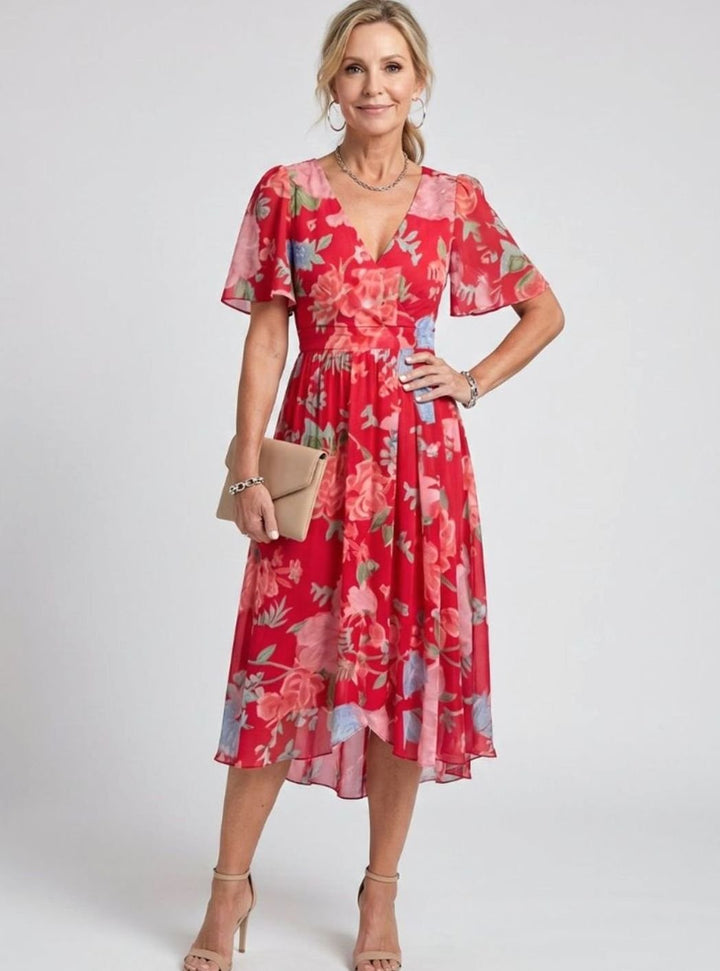 Women's Everyday Floral Flutter Sleeve V-Neck Chiffon Midi Dress