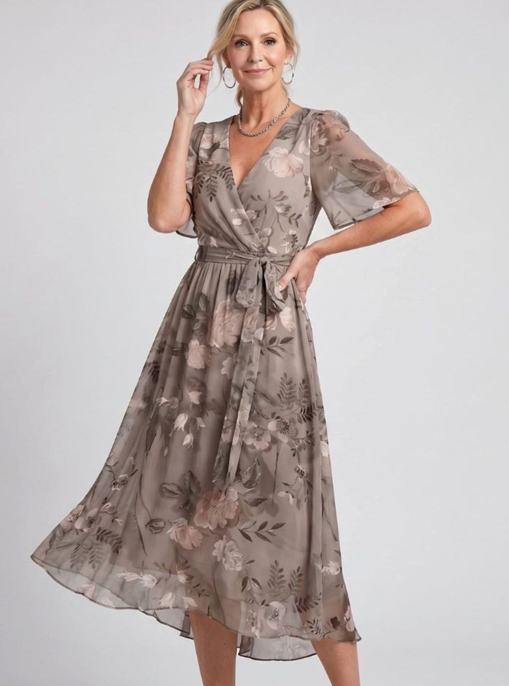 Women's Everyday Floral Flutter Sleeve V-Neck Chiffon Midi Dress
